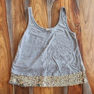 Sparkly Mudd Tank Top Medium Heather Gray Gold Sparkles on Brown Fabric Sequins